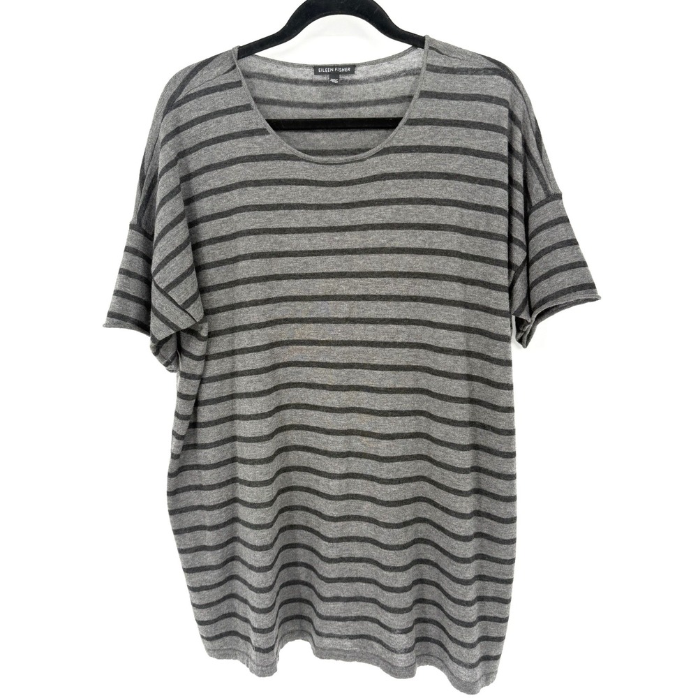 Eileen Fisher Scoop Neck Striped Tunic Shirt L Grey/Black Lyocel/Wool/Alpaca